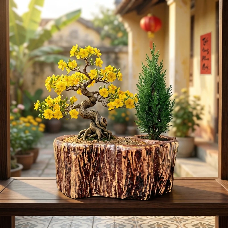 Sắc Xuân Tài Lộc: Kết hợp Hoa Mai & Cây Tùng cùng Chậu Zenpot